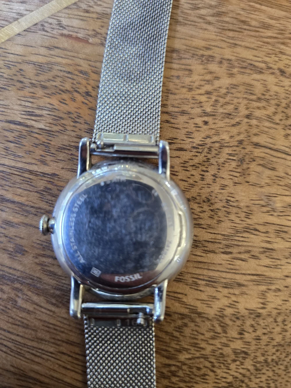 Fossil Silver Mesh Watch with Blue Mother-of-Pearl Dial and Crystal Bezel